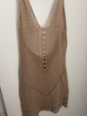 Crochet Knit Slip Dress in Camel Tan